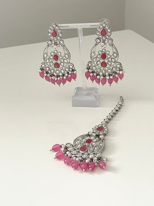 Pink and Silver Earring and Tikka Set