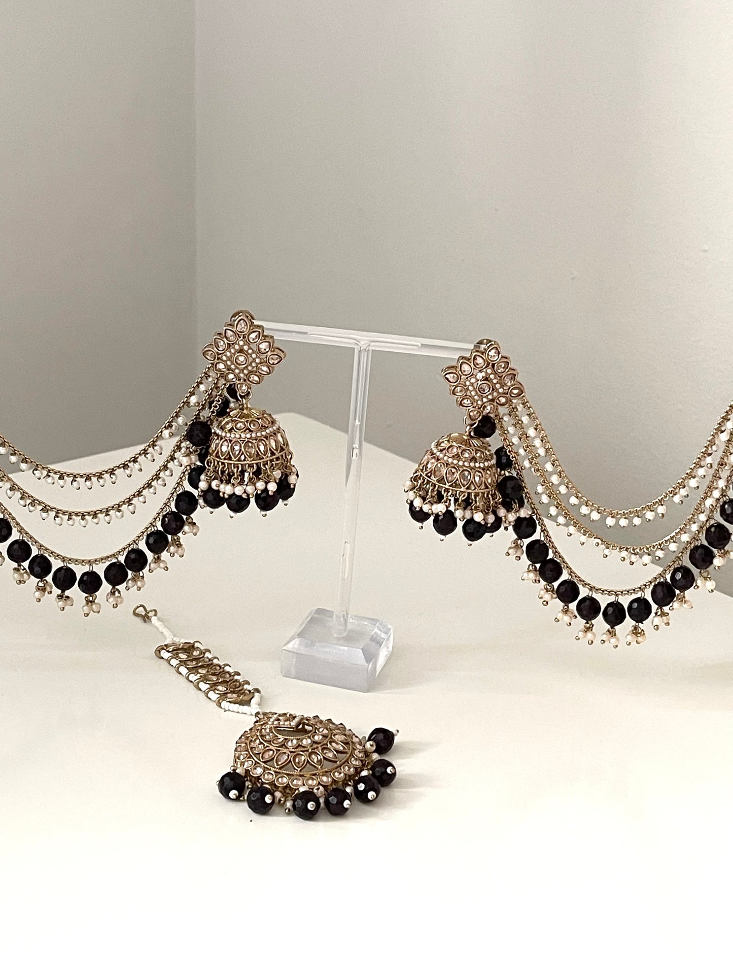 Black Jhumka Earrings with Saharey and Tikka