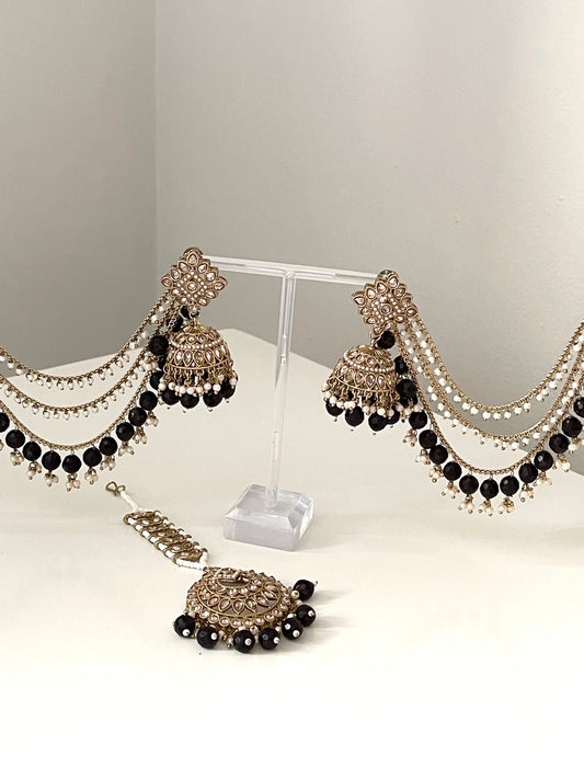 Black Jhumka Earrings with Saharey and Tikka