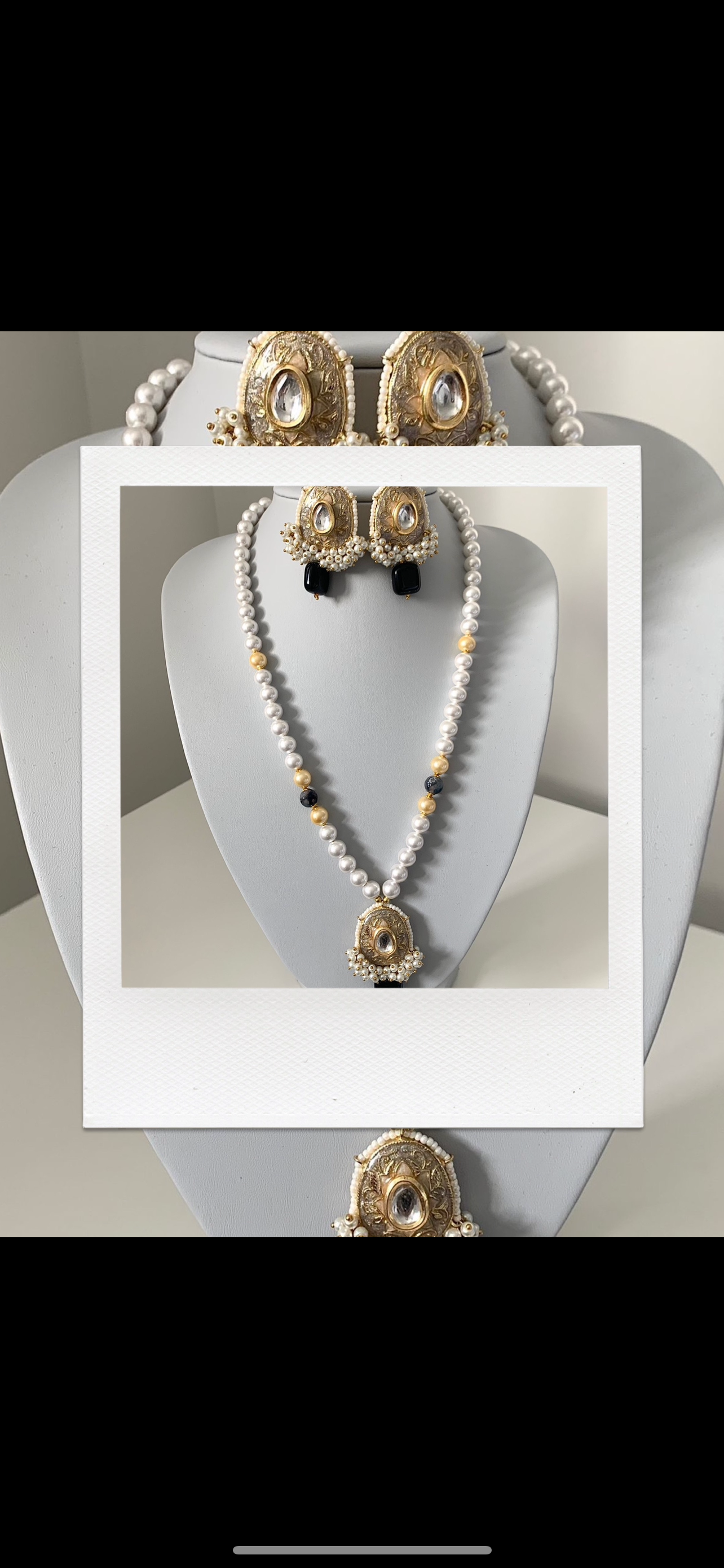 Black and White Kundan Mala with earrings