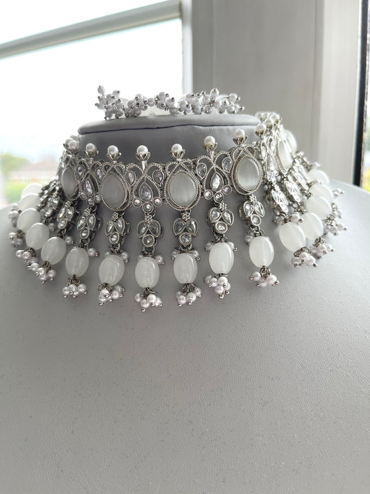 Silver and Grey Choker Set with Earrings and Tikka.