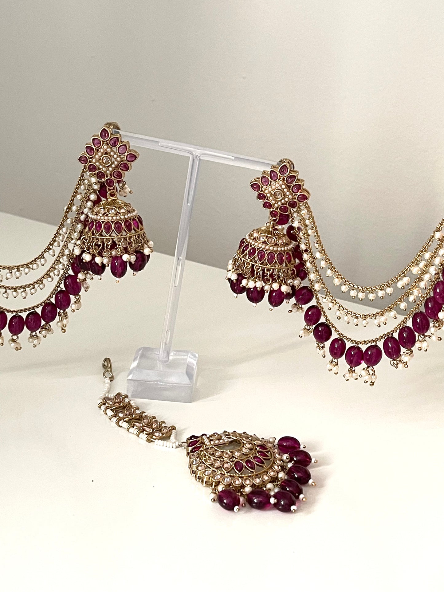 Purple Jhumka Earrings with Saharey and Tikka