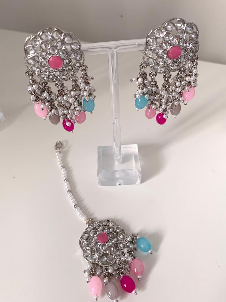 Silver Polki Earrings with Tikka