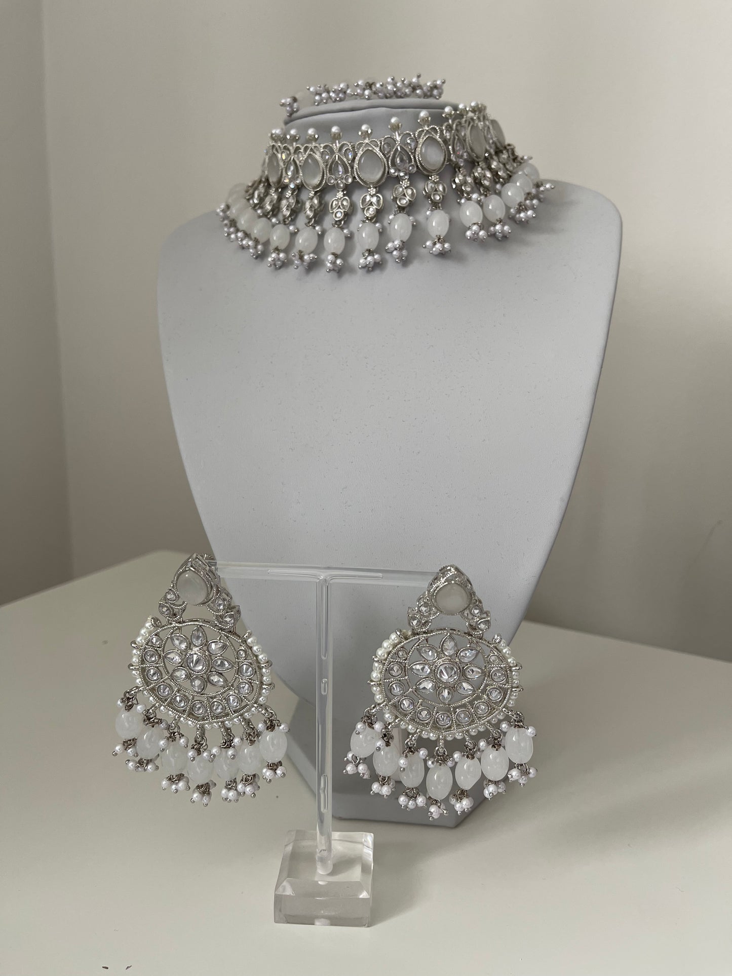 Silver and Grey Choker Set with Earrings and Tikka.