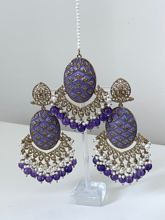 Lilac Meenakari Kundan Earring and Tikka Set