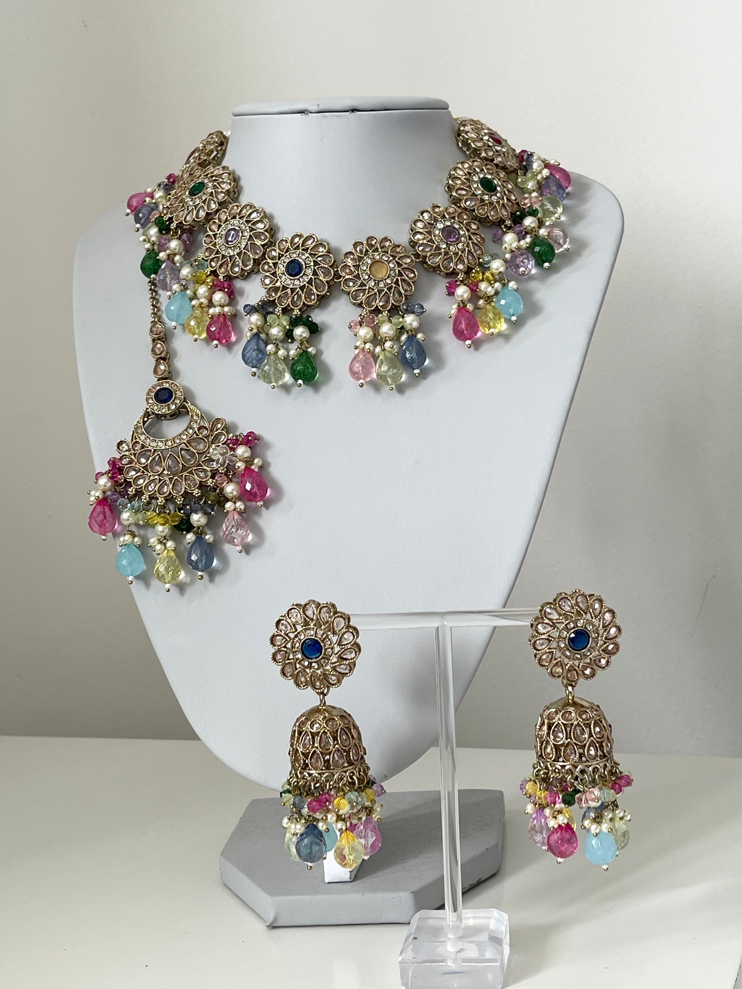 Pastel/ multi 4 piece set with Jhumka earrings and tikka