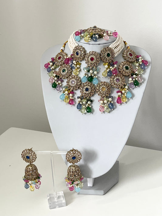 Pastel/ multi 4 piece set with Jhumka earrings and tikka