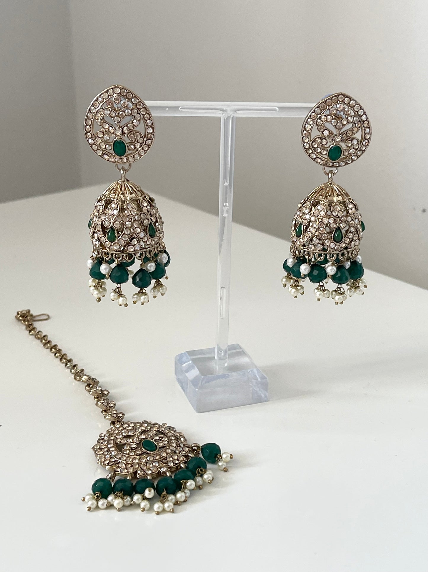 Green Jhumka Earrings and Tikka Set