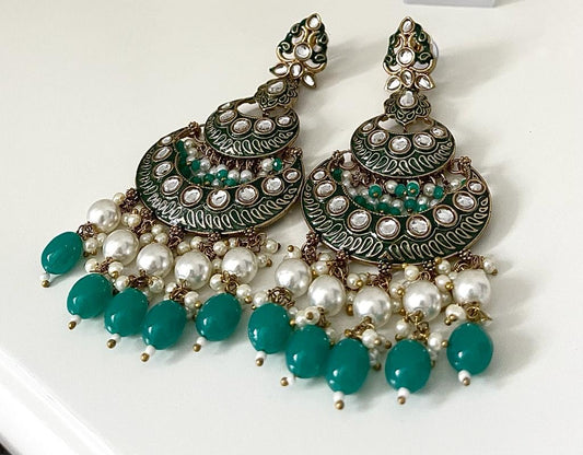 Green & Pearl Long Earrings