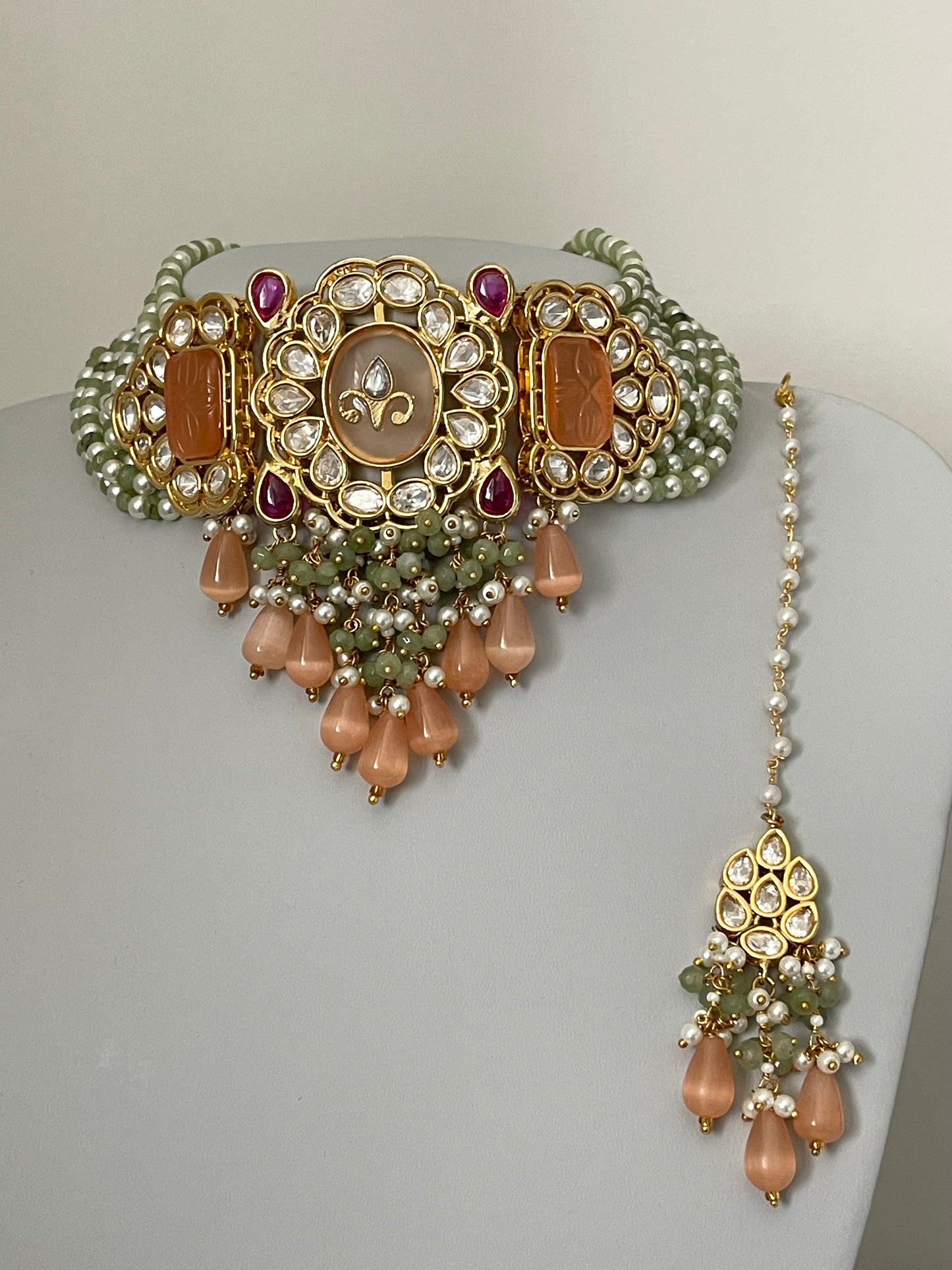 Peach and Mint Tyaani Kundan Set