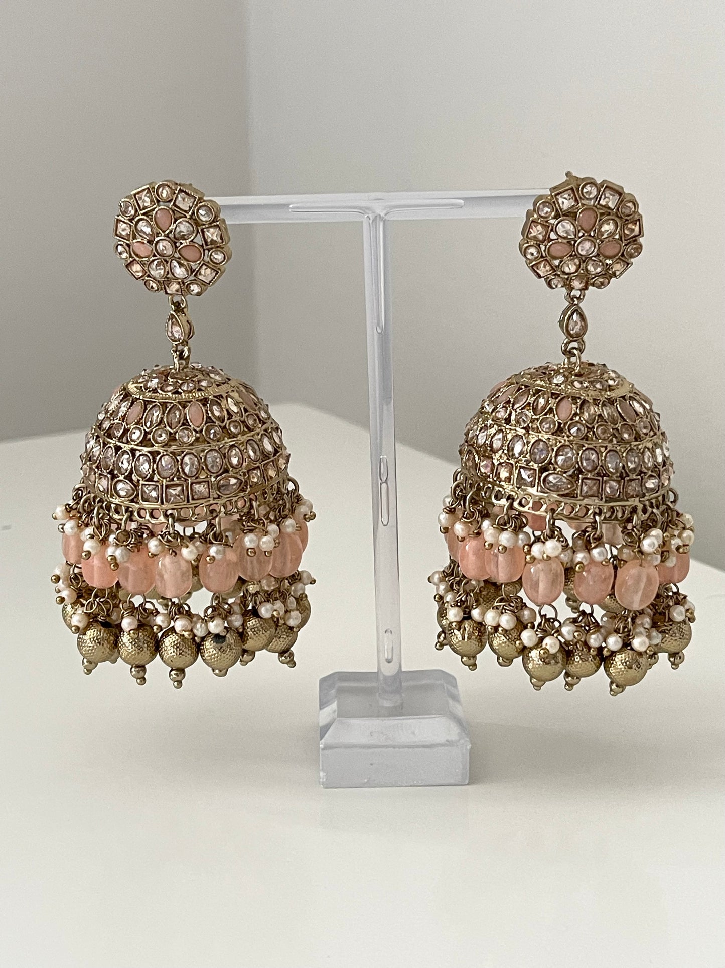 Statement Jhumka Earrings with peach pearls