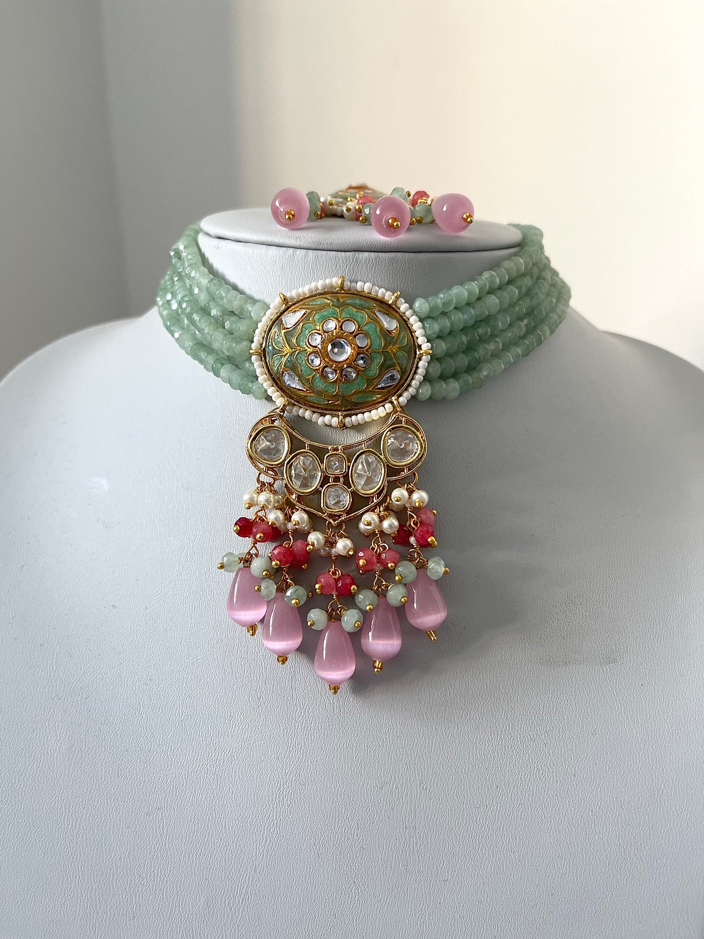 Mint and Pink Meenakari Kundan Pearl Choker Set