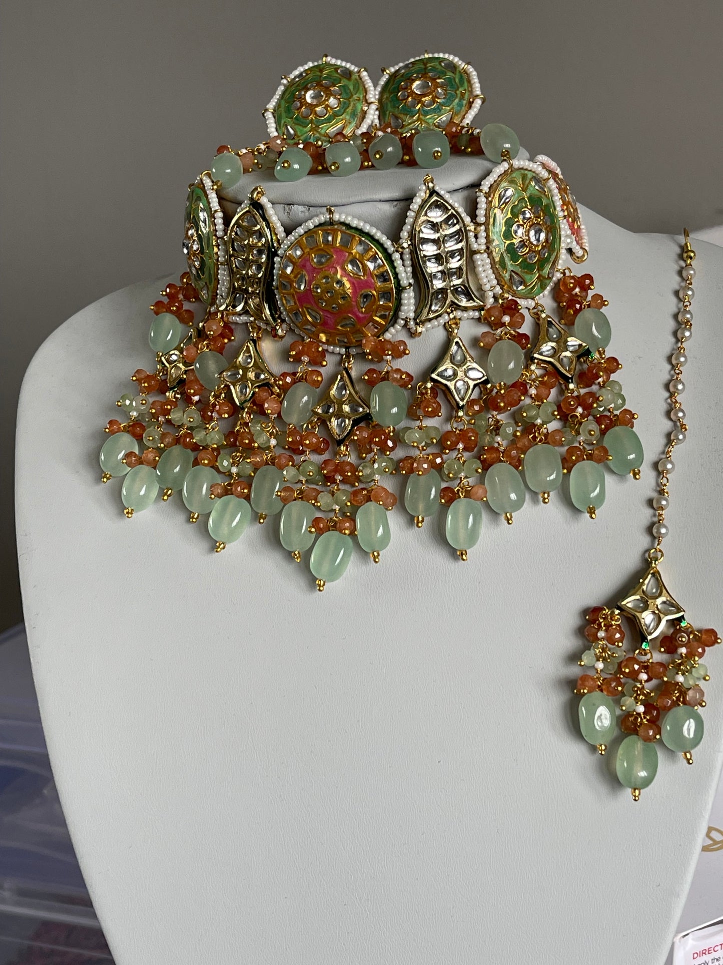Jade Green and Peach Kundan Set