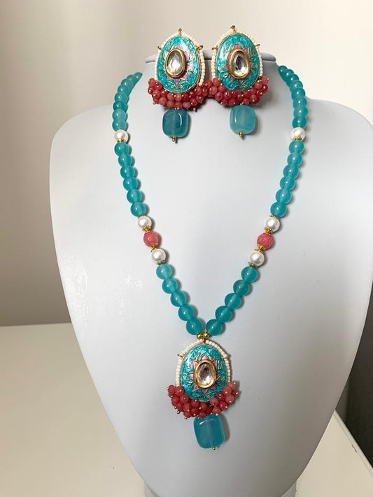 Teal/ Mint Kundan Long Haar with Earrings