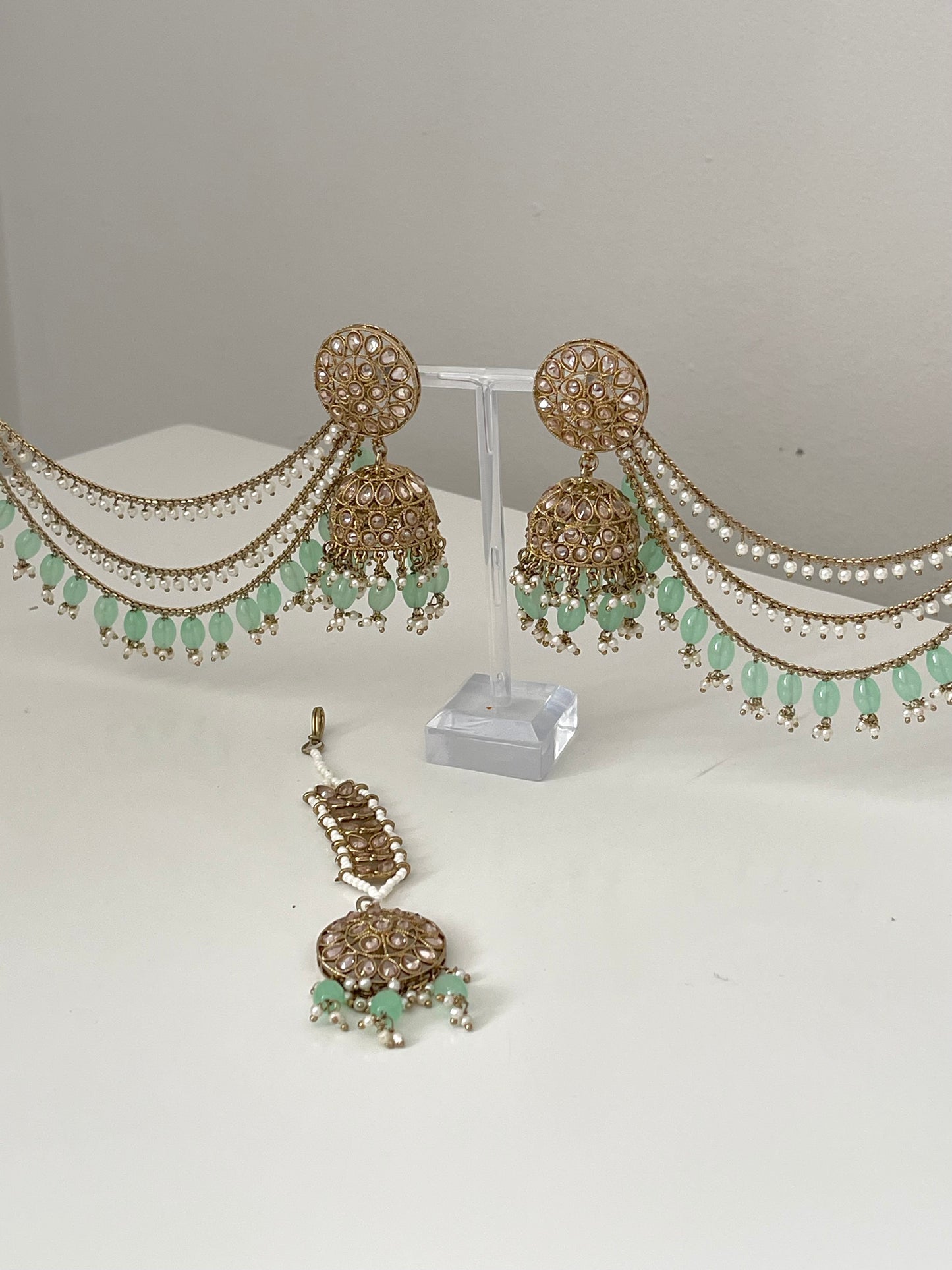 Mint Jhumka Earrings with Saharey and Tikka.