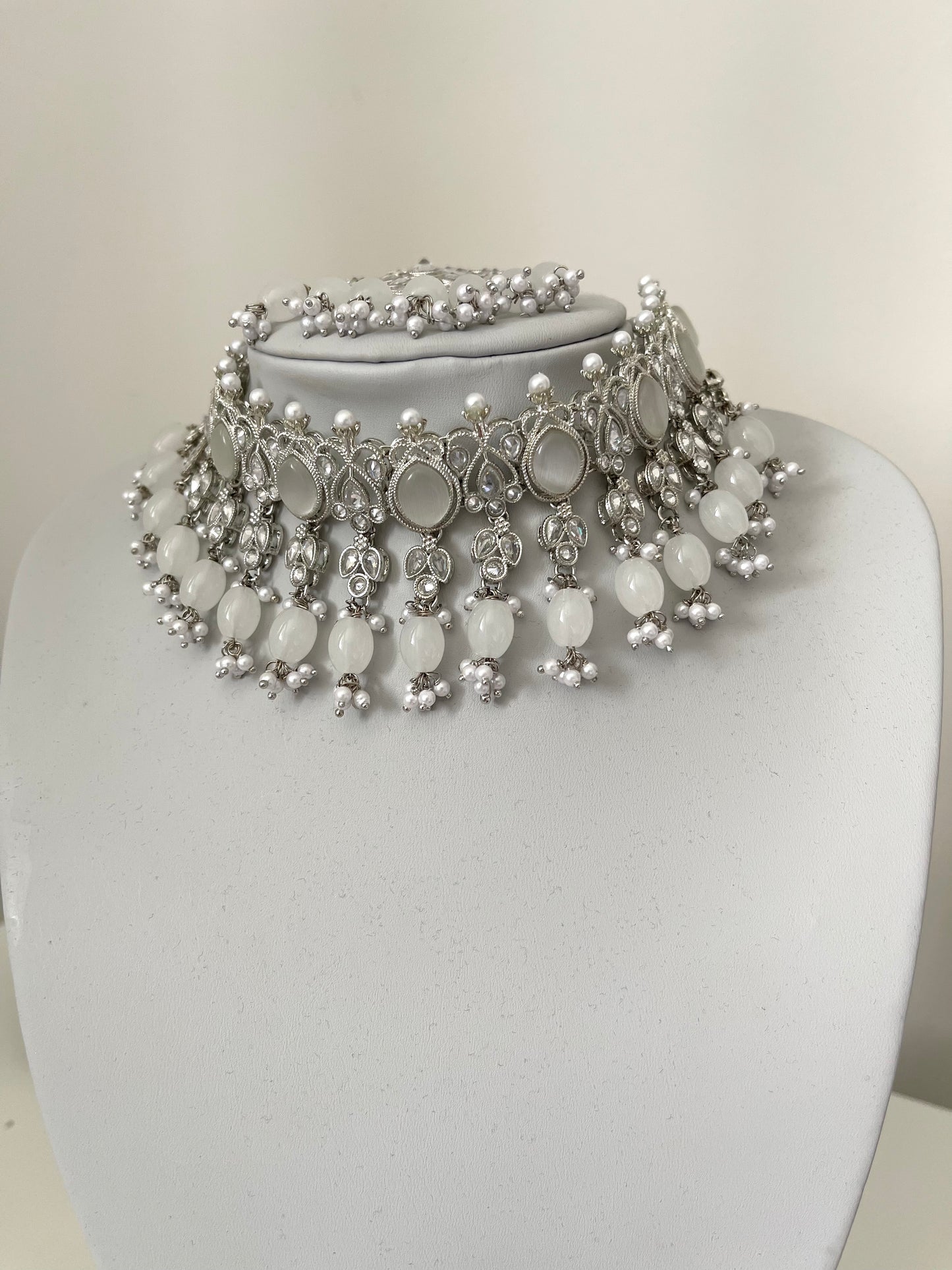 Silver and Grey Choker Set with Earrings and Tikka.