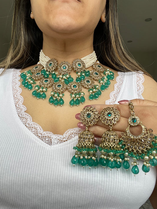 Teal 4 piece set with Jhumka earrings and tikka