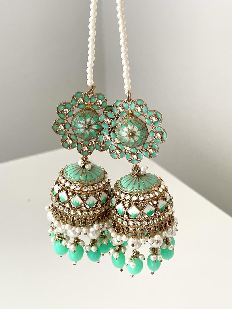 Mint Meenkari Earrings with Ear Chain