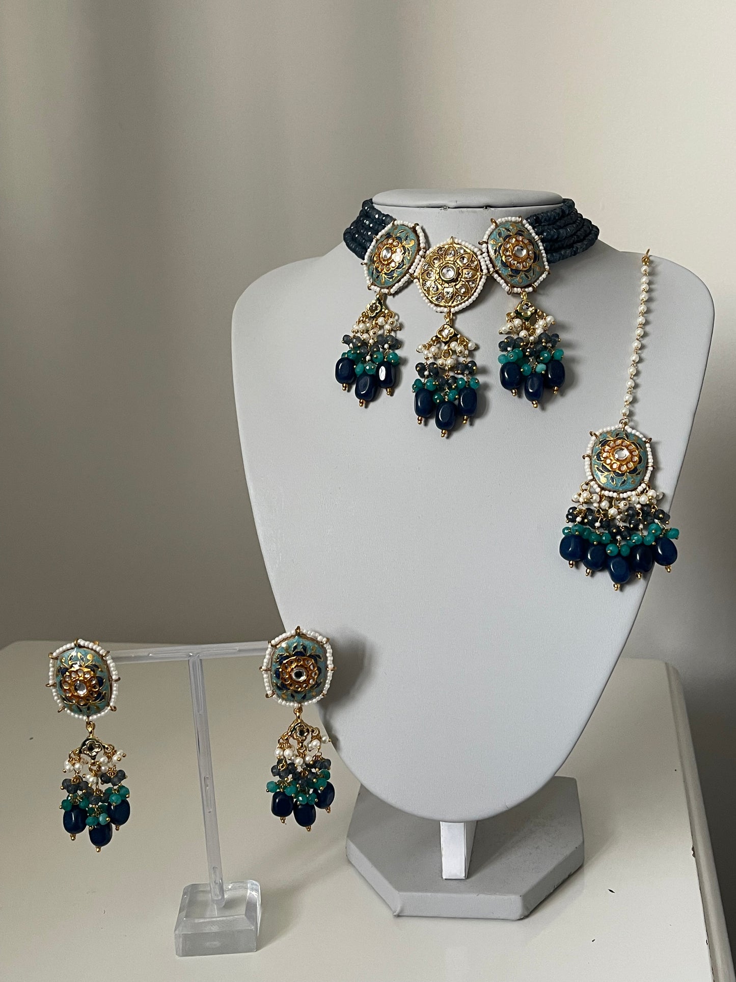 Blue and Teal Kundan Set