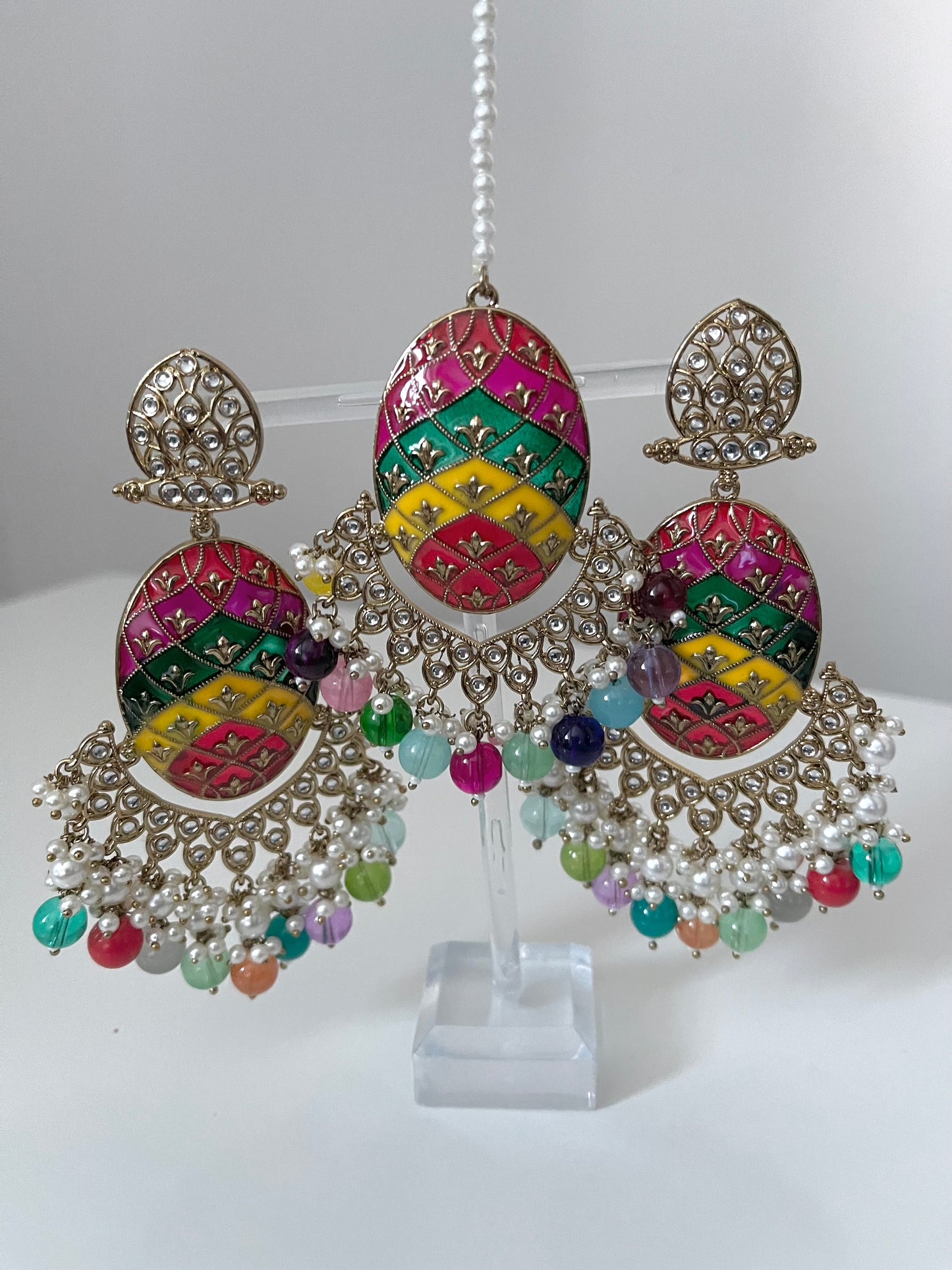 Multicoloured Meenakari Kundan Earring and Tikka Set