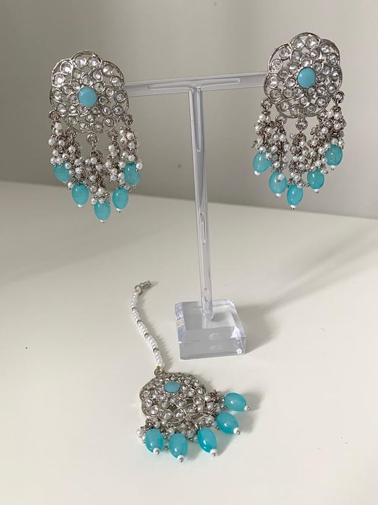 Silver Polki Earrings with Tikka