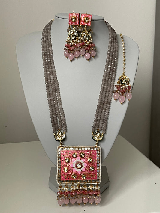 Grey Meenakari Kundan Mala/ Long Haar Set