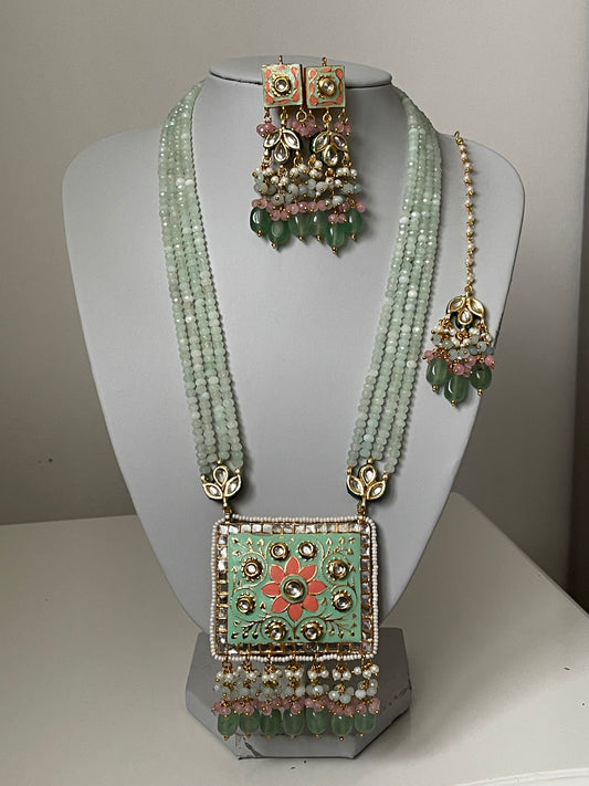 Mint Meenakari Kundan Mala/ Long Haar Set