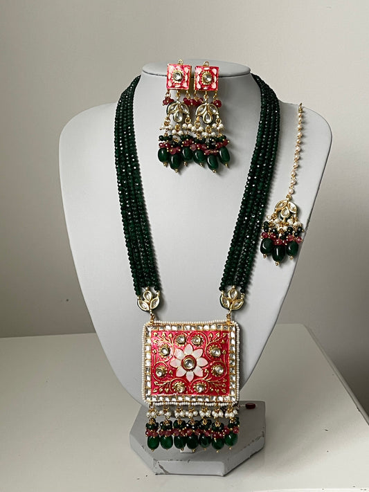 Green Meenakari Kundan Mala/ Long Haar Set