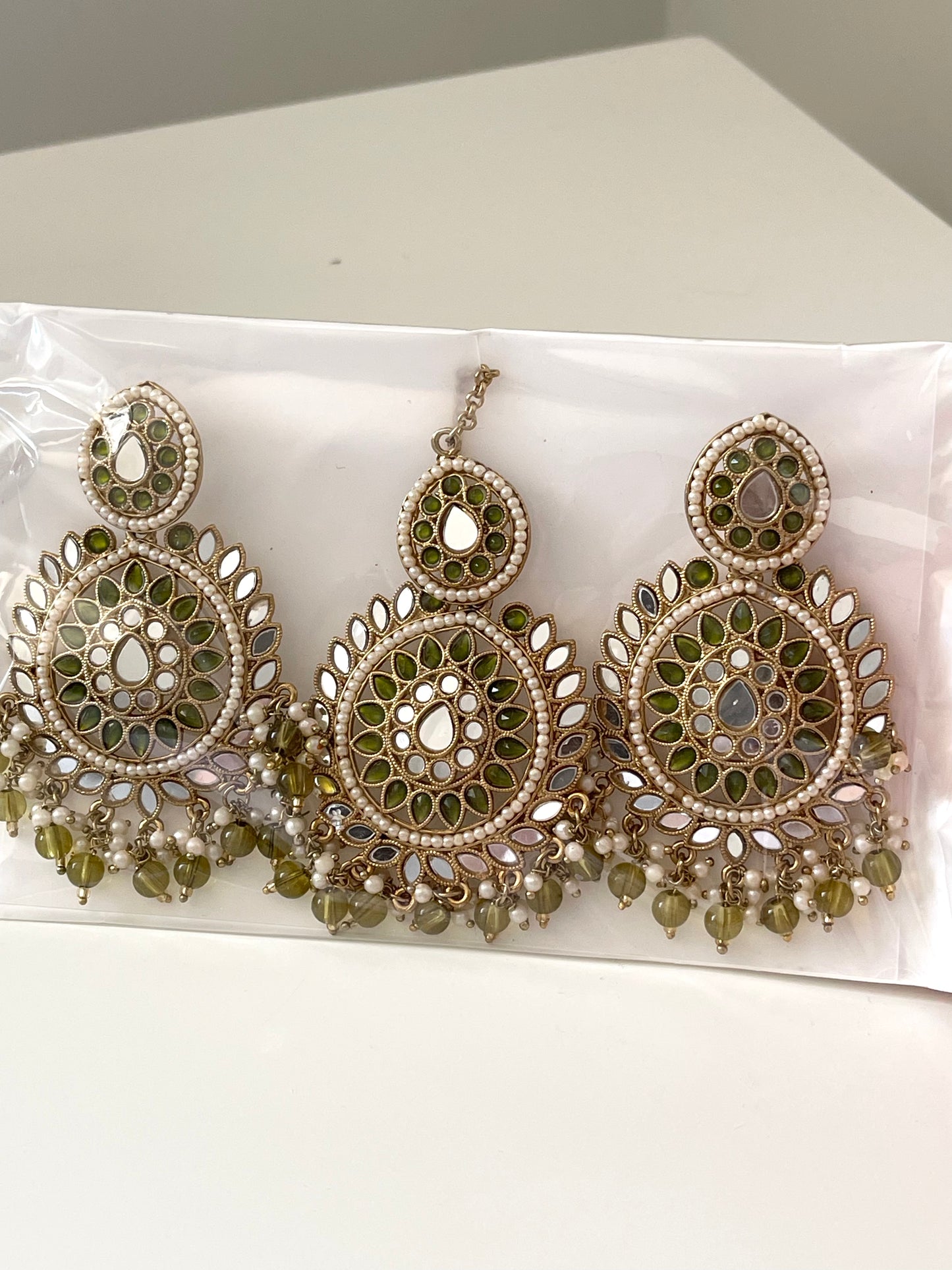 Lime Mirror Earring and Tikka Set