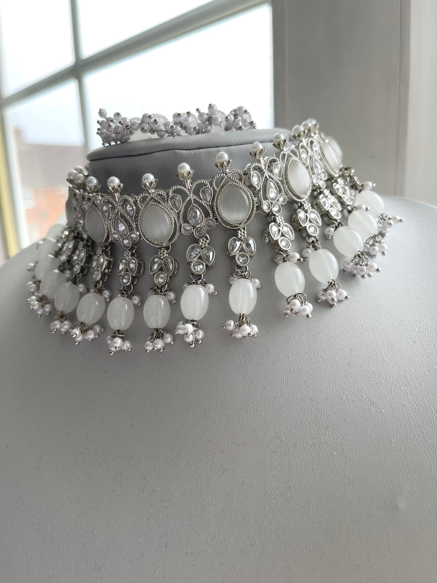 Silver and Grey Choker Set with Earrings and Tikka.