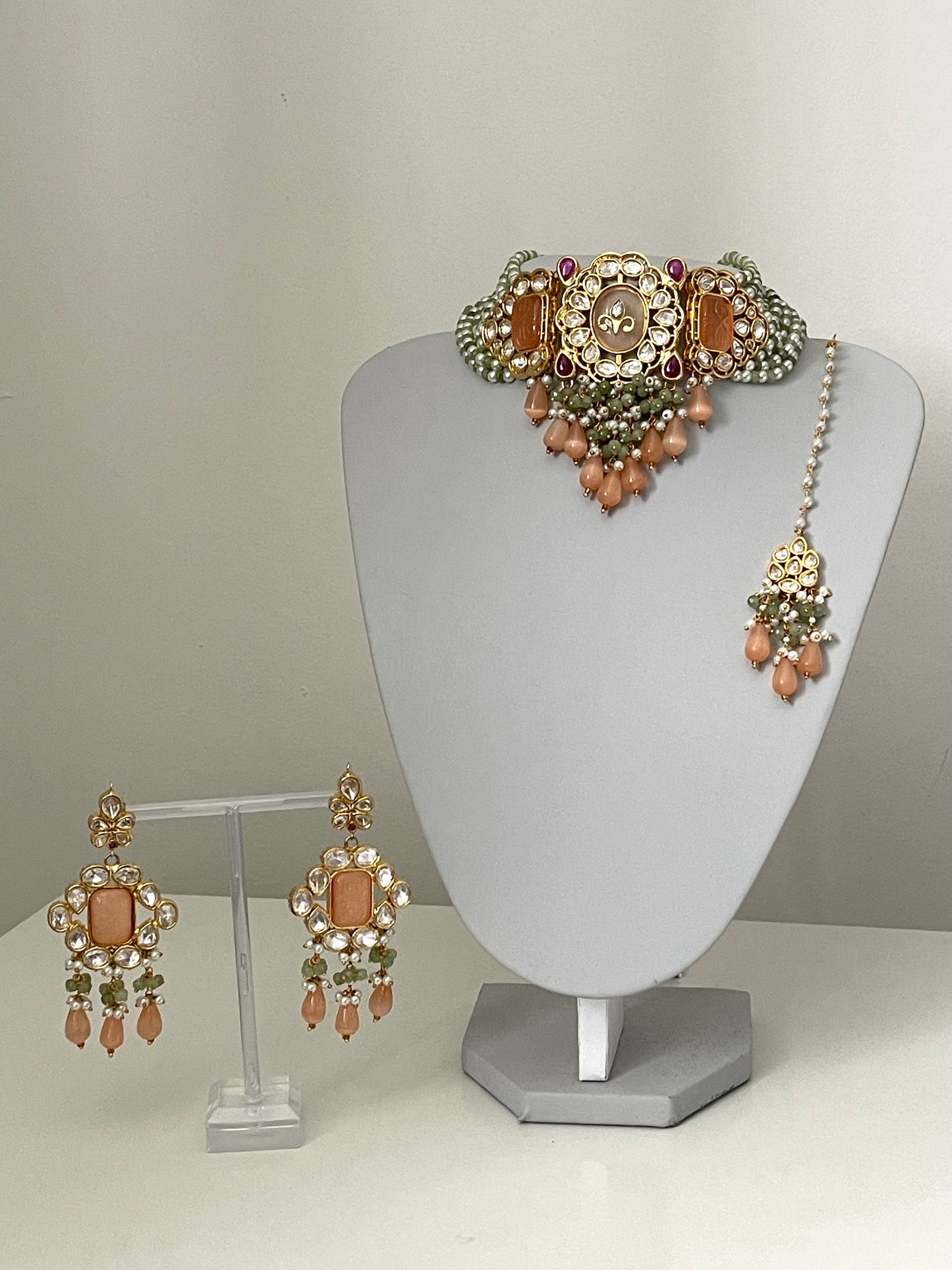 Peach and Mint Tyaani Kundan Set