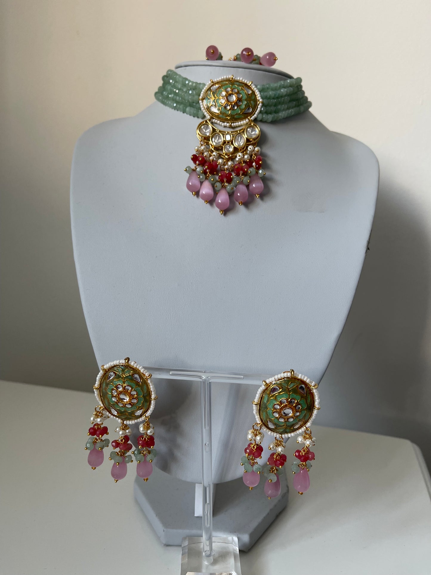 Mint and Pink Meenakari Kundan Pearl Choker Set