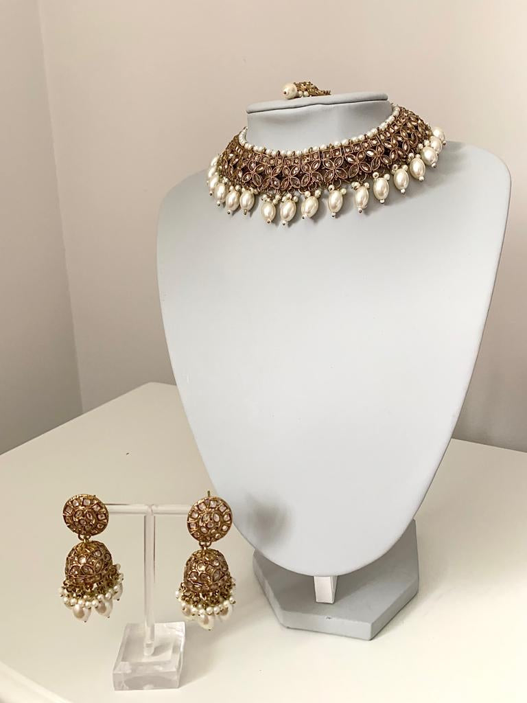 Gold Polki Set with Jhumka Earrings and Tikka