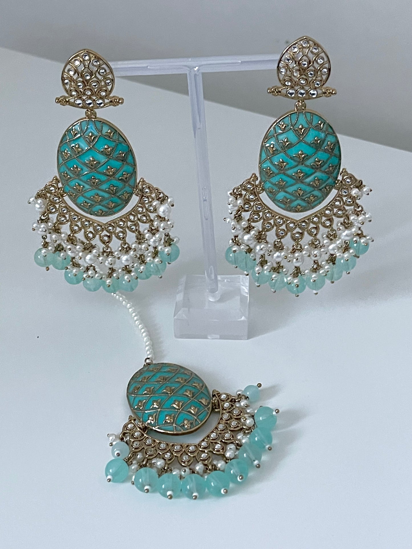 Turquoise/ Baby Blue Meenakari Kundan Earring and Tikka Set