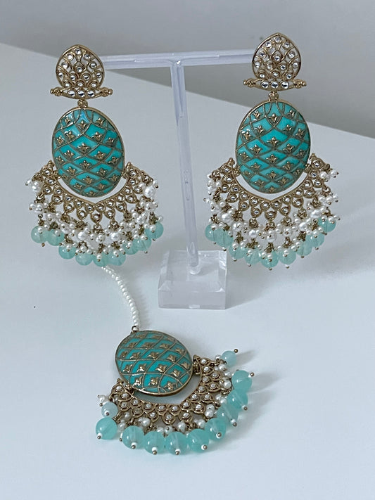 Turquoise/ Baby Blue Meenakari Kundan Earring and Tikka Set