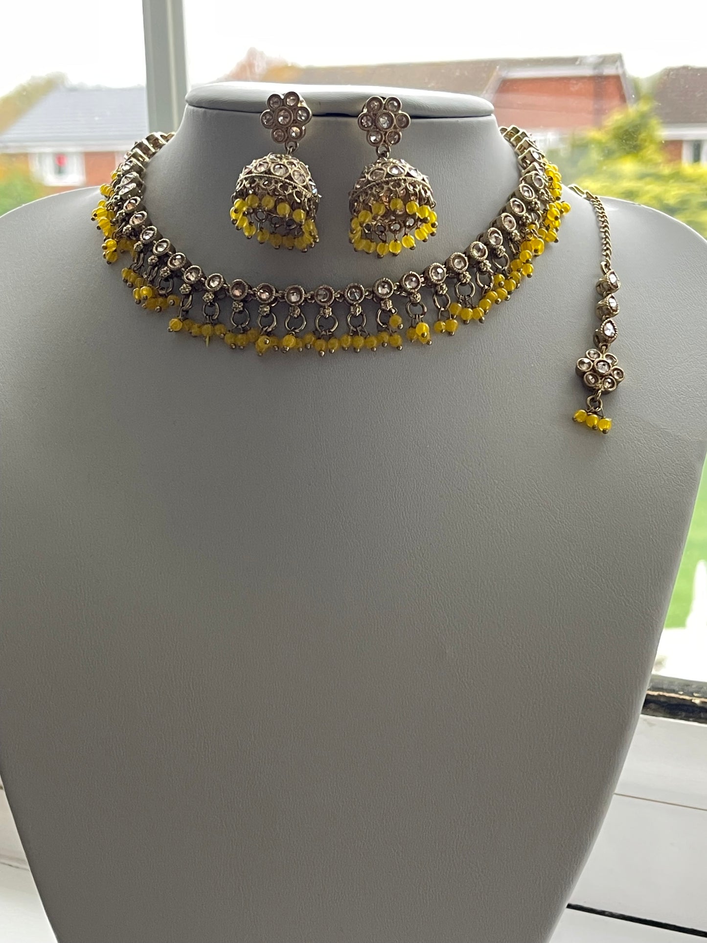 Yellow Choker Set with Jhumka Earrings