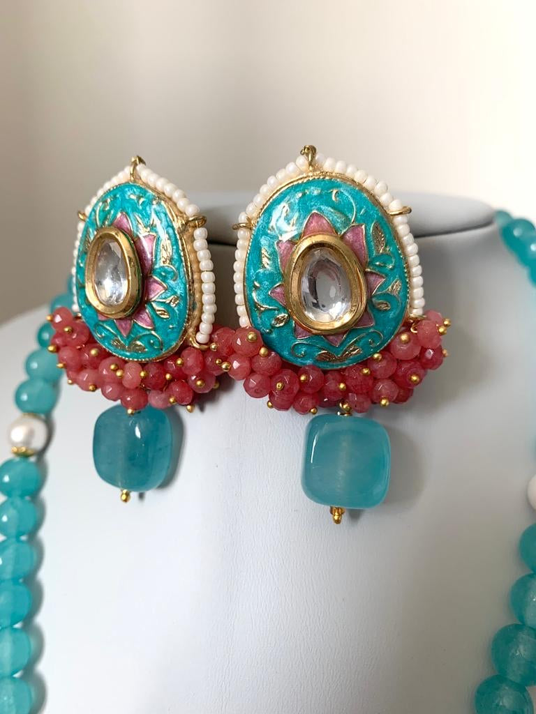 Teal/ Mint Kundan Long Haar with Earrings