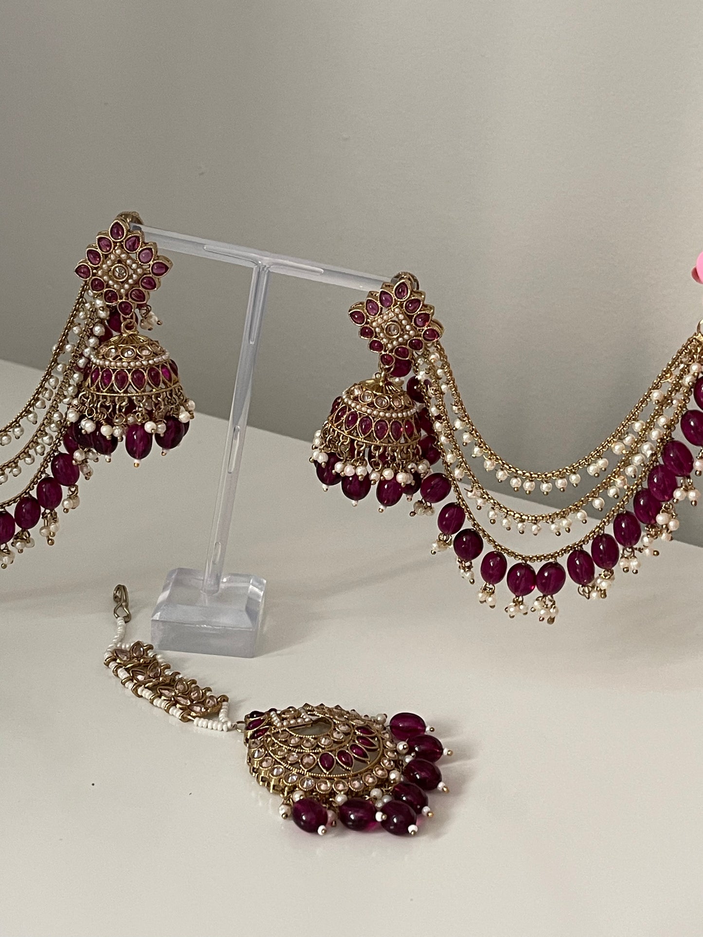 Purple Jhumka Earrings with Saharey and Tikka