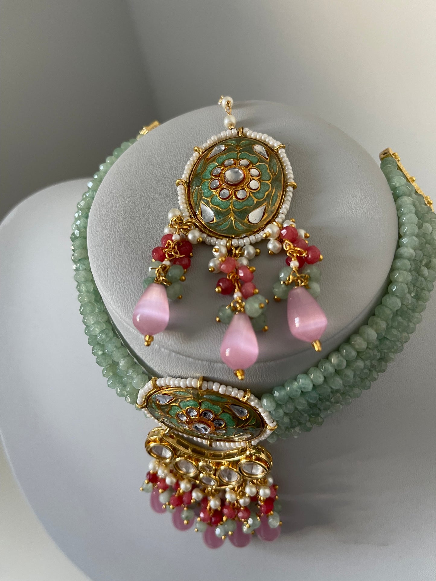 Mint and Pink Meenakari Kundan Pearl Choker Set