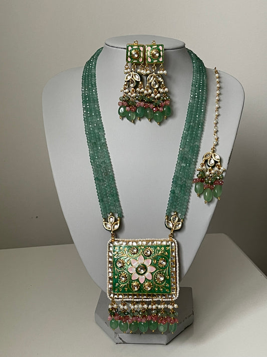 Jade Green Meenakari Kundan Mala/ Long Haar Set