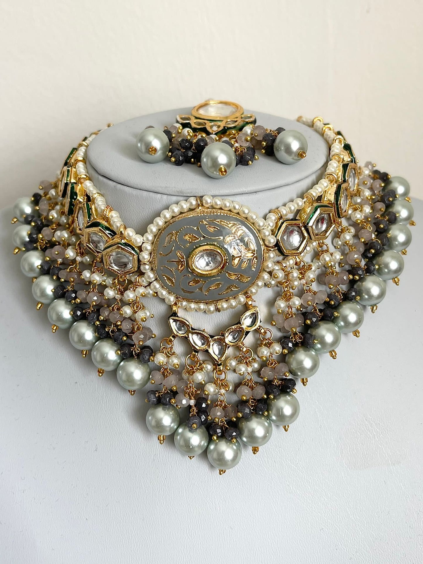 Grey Meenakari Kundan Set