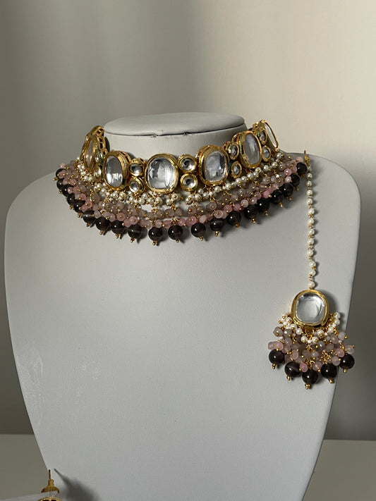 Grey and Pink Kundan Set