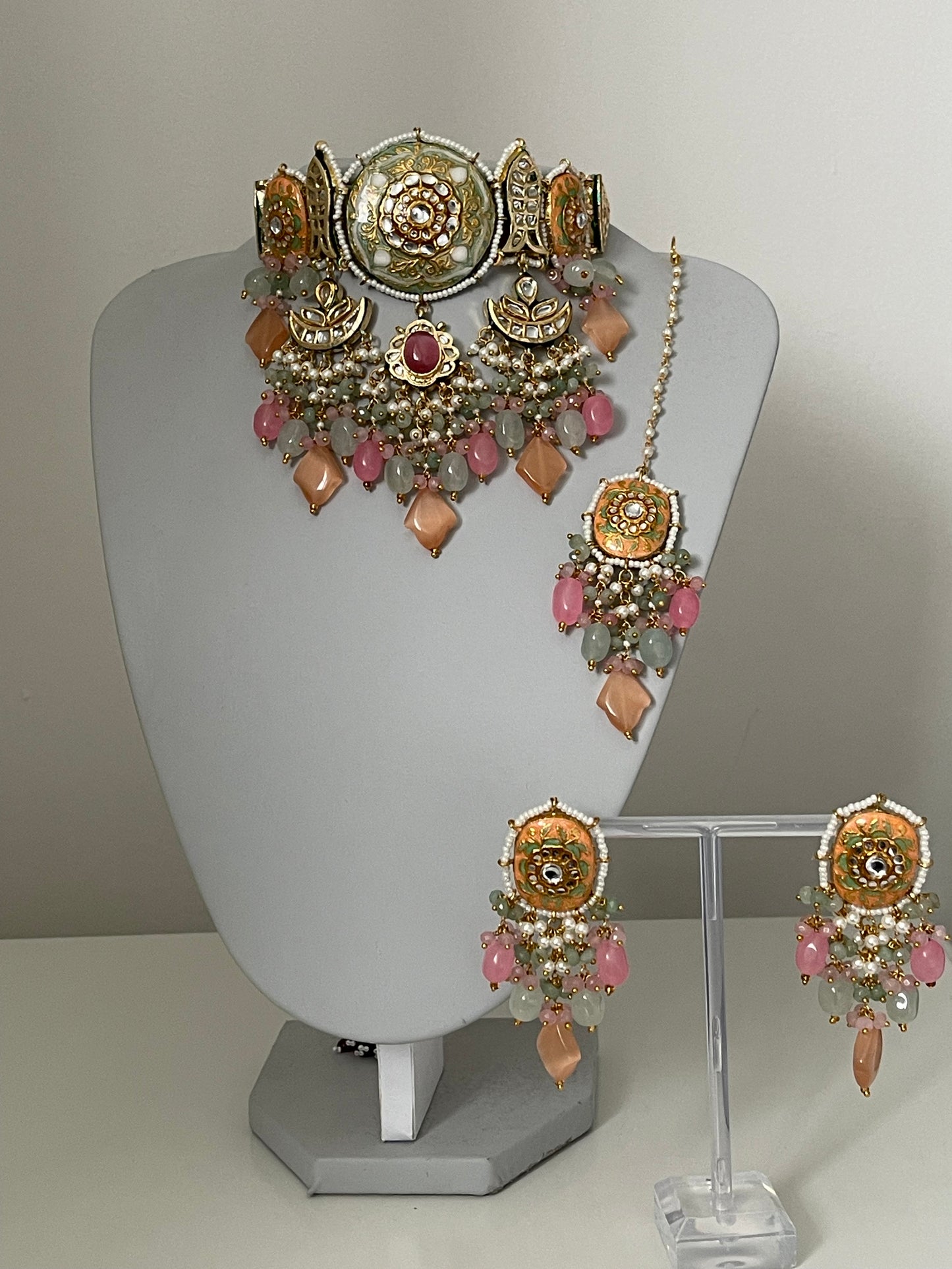 Pastel mint/ pink and peach Bridal Kundan Set