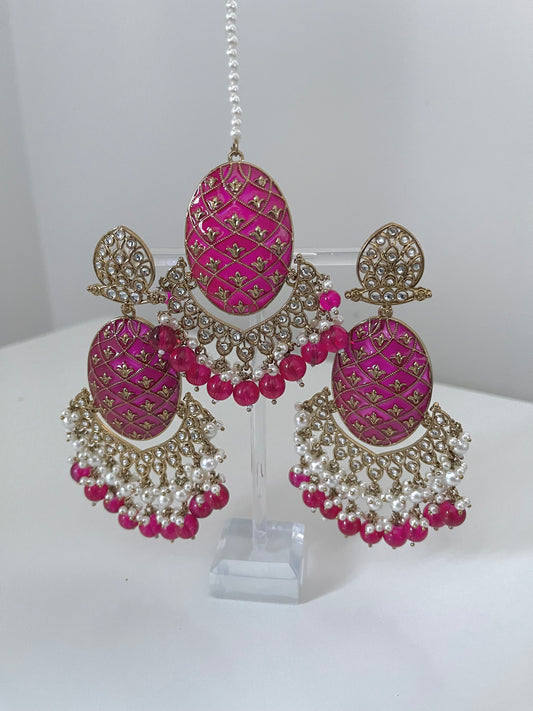 Hot Pink Meenakari Earrings and Tikka Set