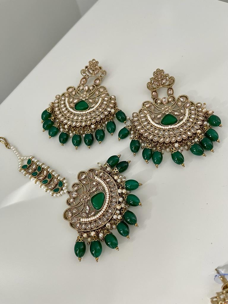 Gold & Green Earrings with Tikka