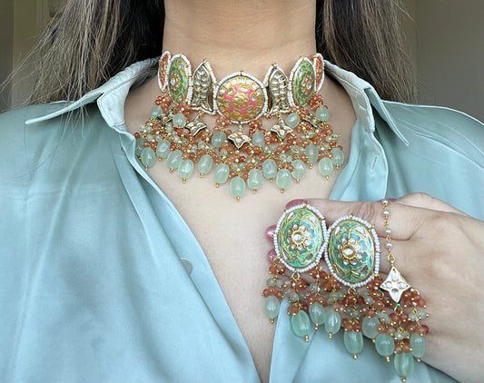 Jade Green and Peach Kundan Set