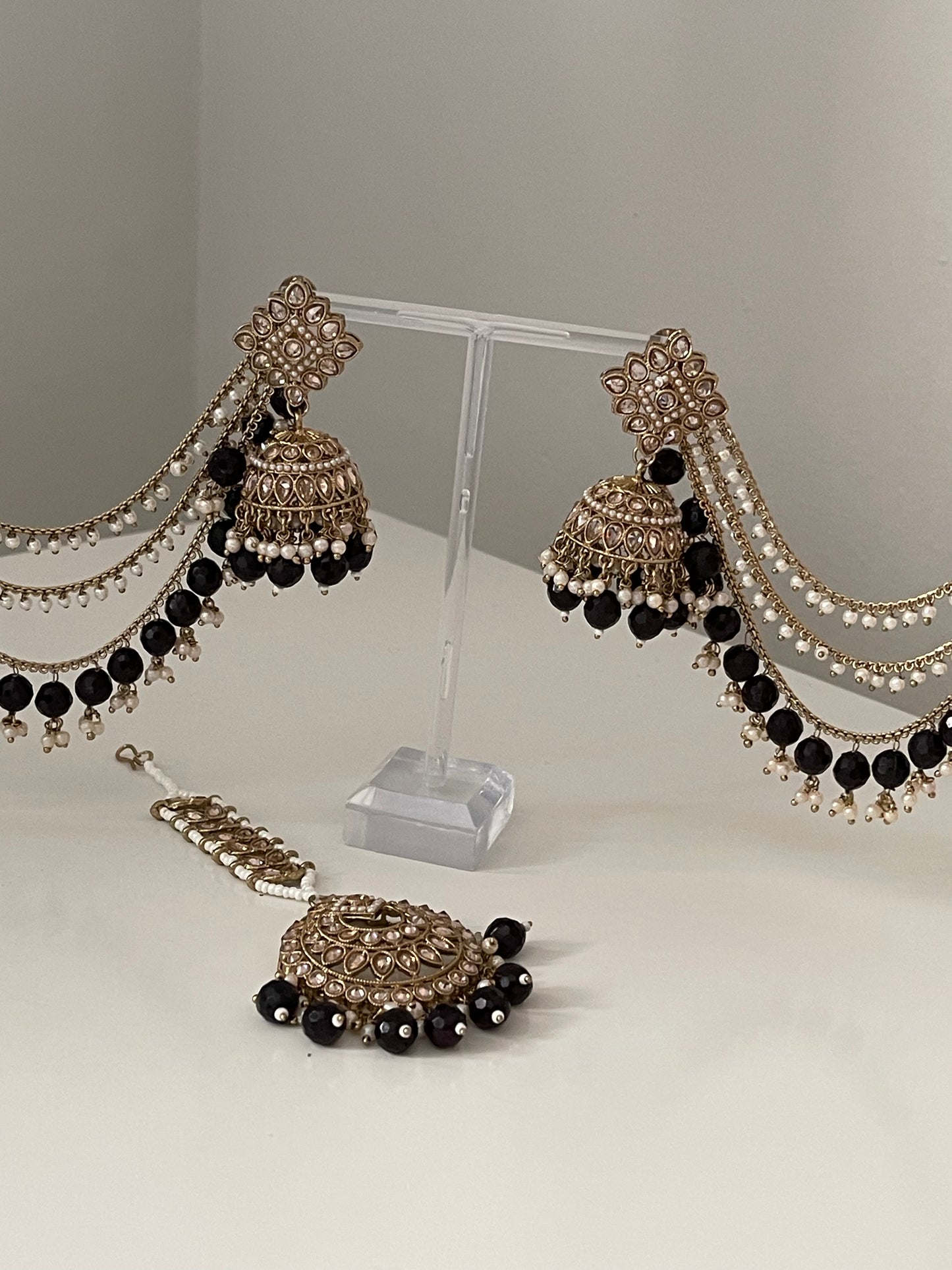 Black Jhumka Earrings with Saharey and Tikka