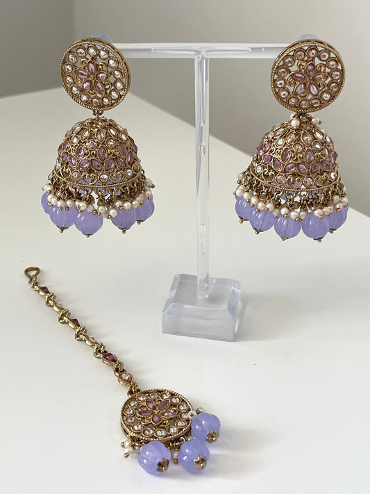 Lilac Jhumka Earrings and Tikka