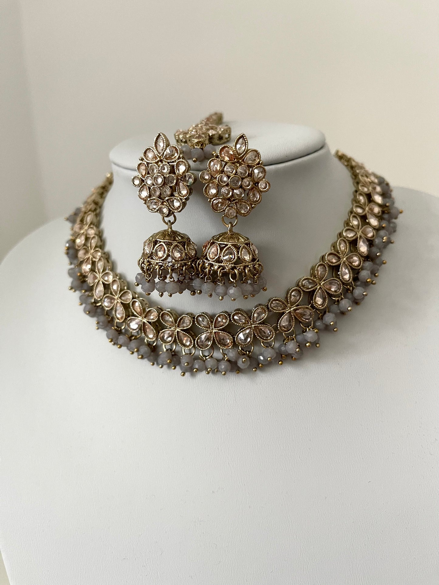 Grey Set with Jhumka Earrings and Tikka