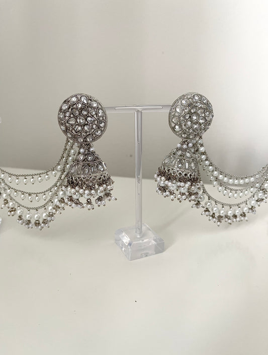 Silver Jhumka Earrings with Sahara ( Ear Chains)